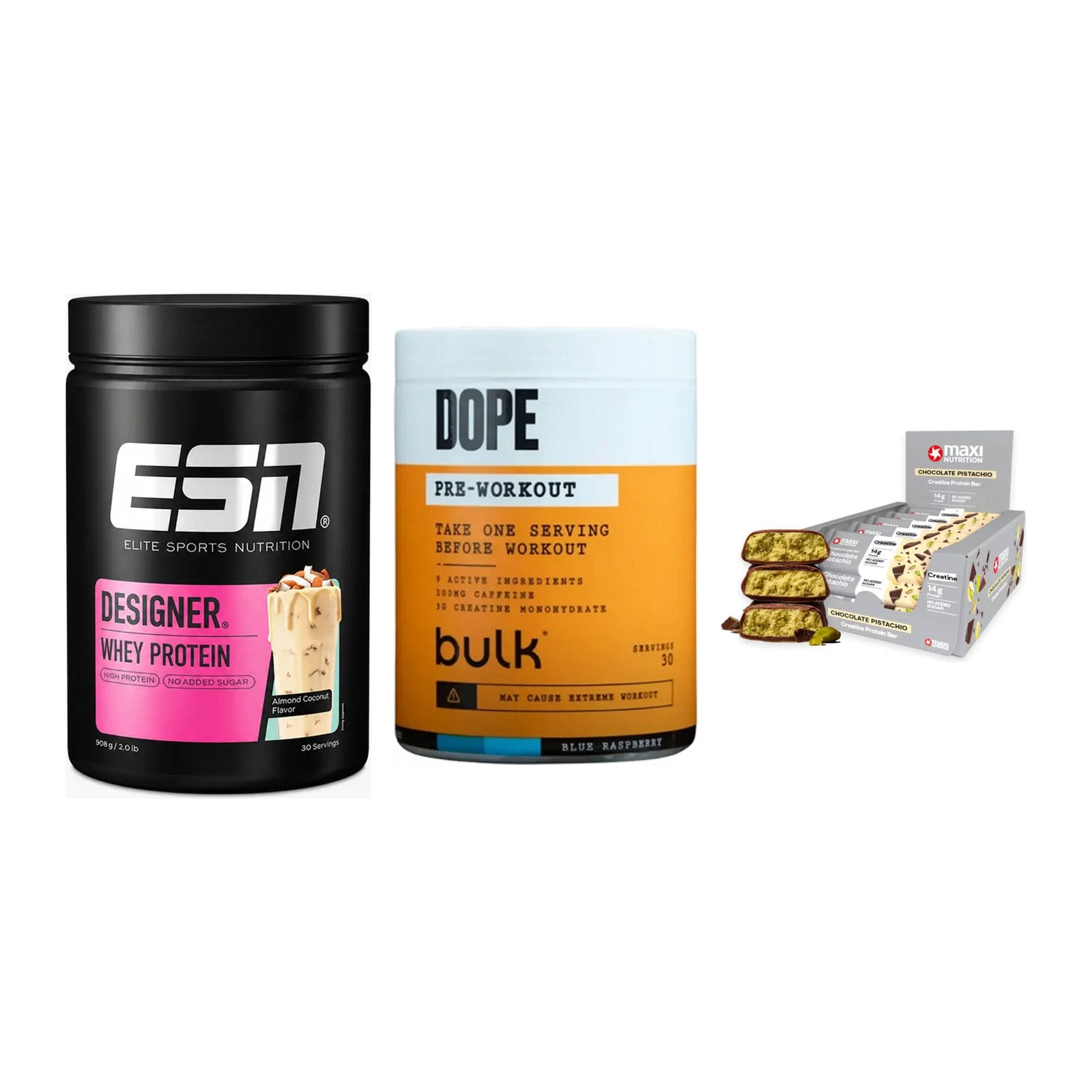 Home-Gym-Starter: ESN Designer + Bulk Dope + 5× MaxiNutrition – alle enthaltenen Artikel