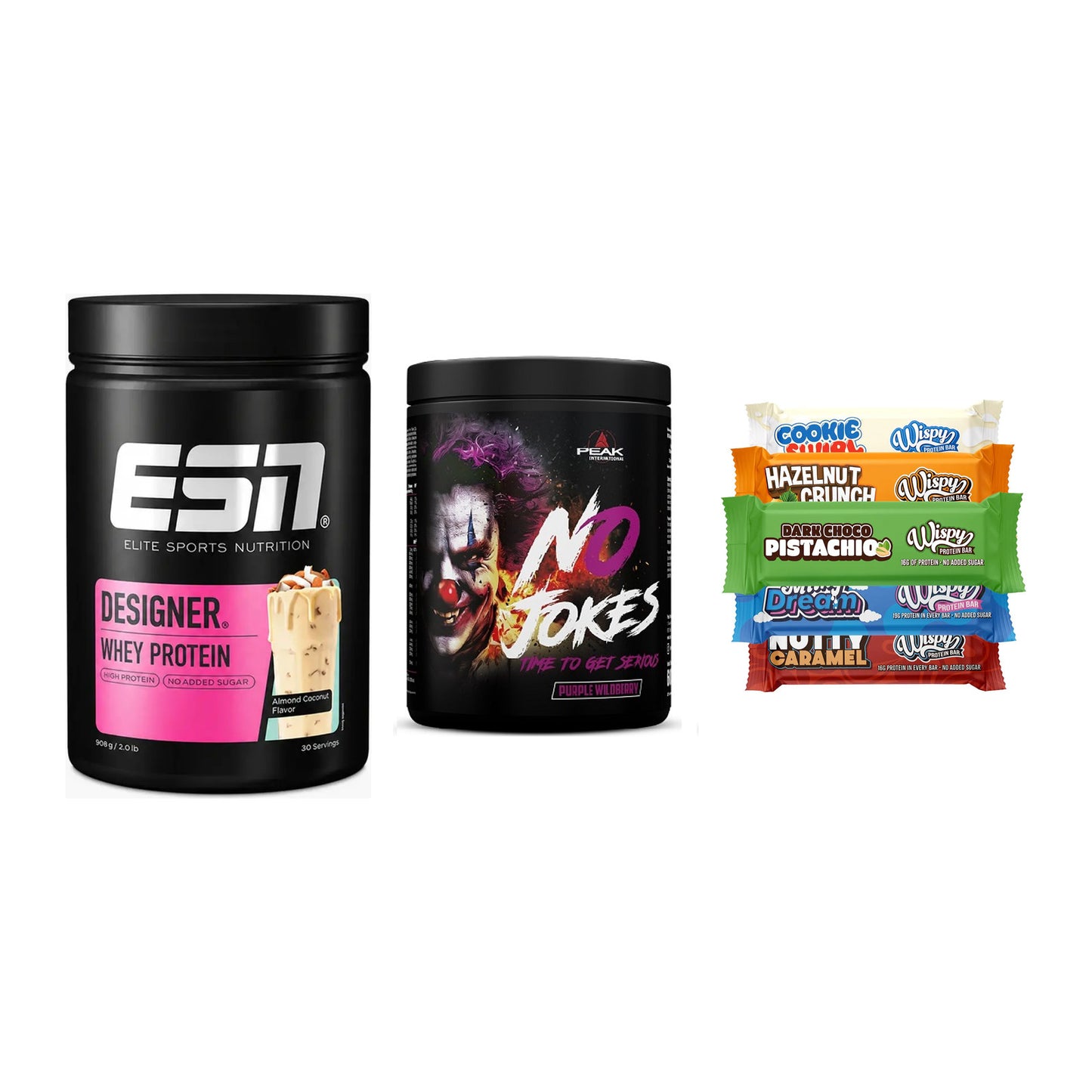Home-Gym-Starter: ESN Designer + Peak No Jokes + 5× Wispy Protein – alle enthaltenen Artikel