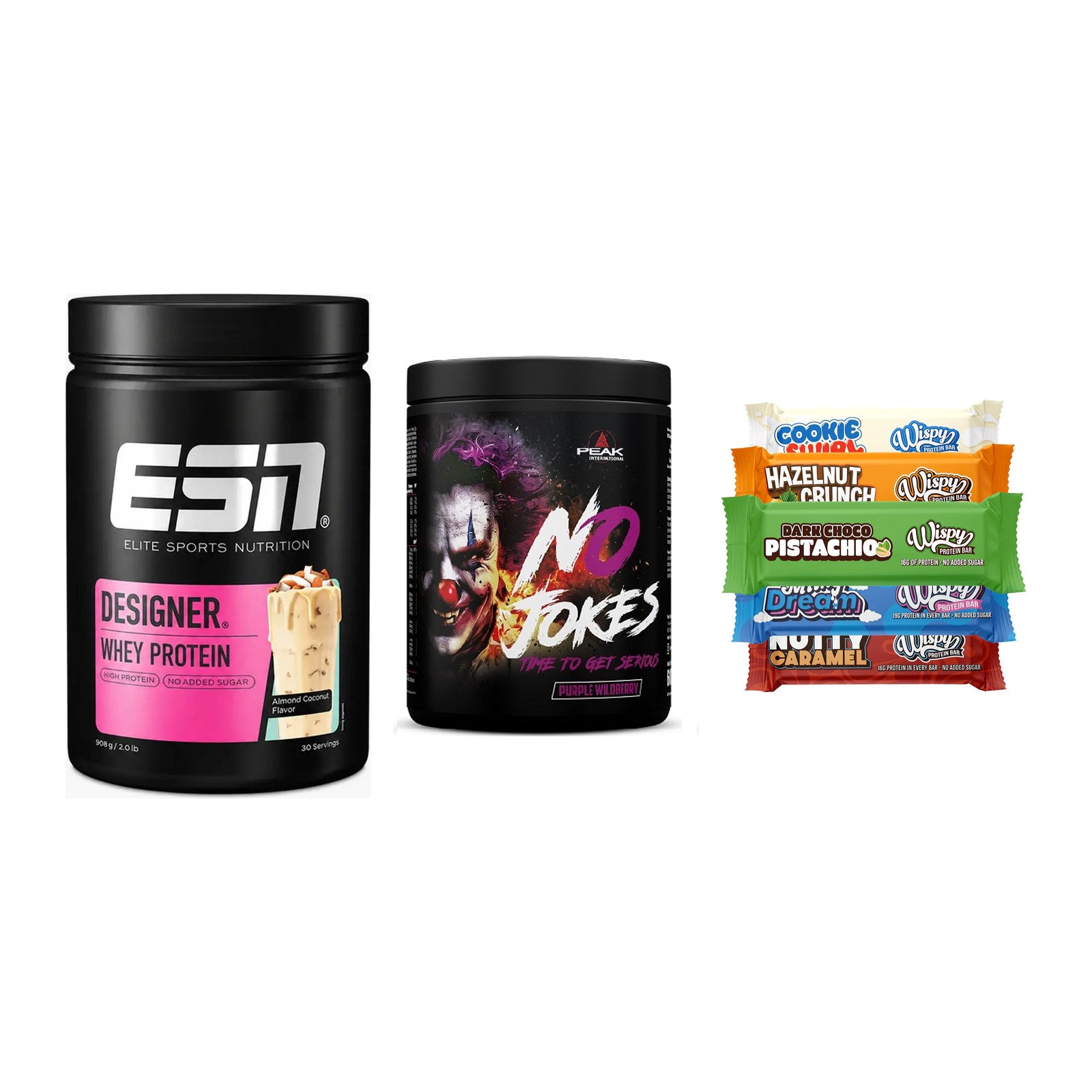 Home-Gym-Starter: ESN Designer + Peak No Jokes + 5× Wispy Protein – alle enthaltenen Artikel