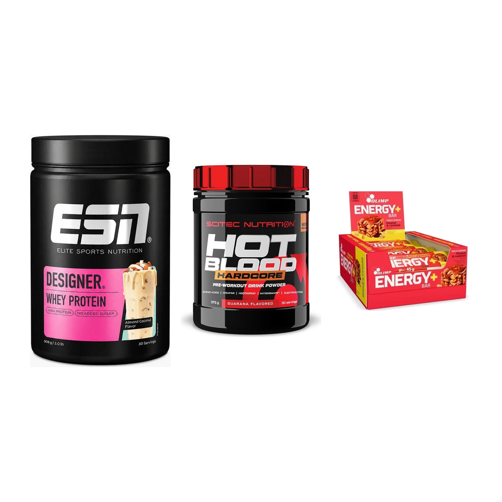 Home-Gym-Starter: ESN Designer + Scitec Hot + 5× Olimp Energy – alle enthaltenen Artikel