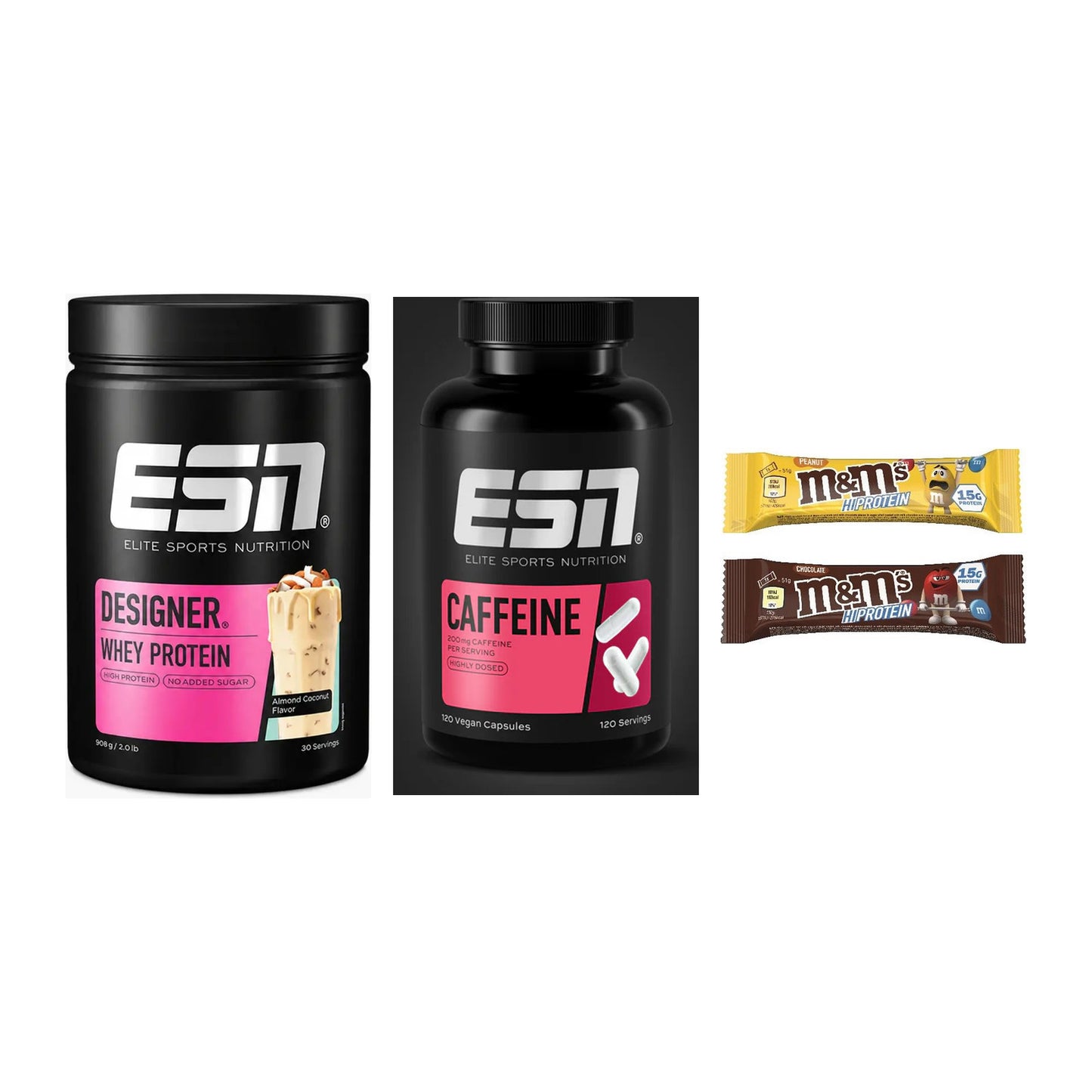 Home-Gym-Starter: ESN Designer + ESN Caffeine + 5× M&M Protein Bar – alle enthaltenen Artikel