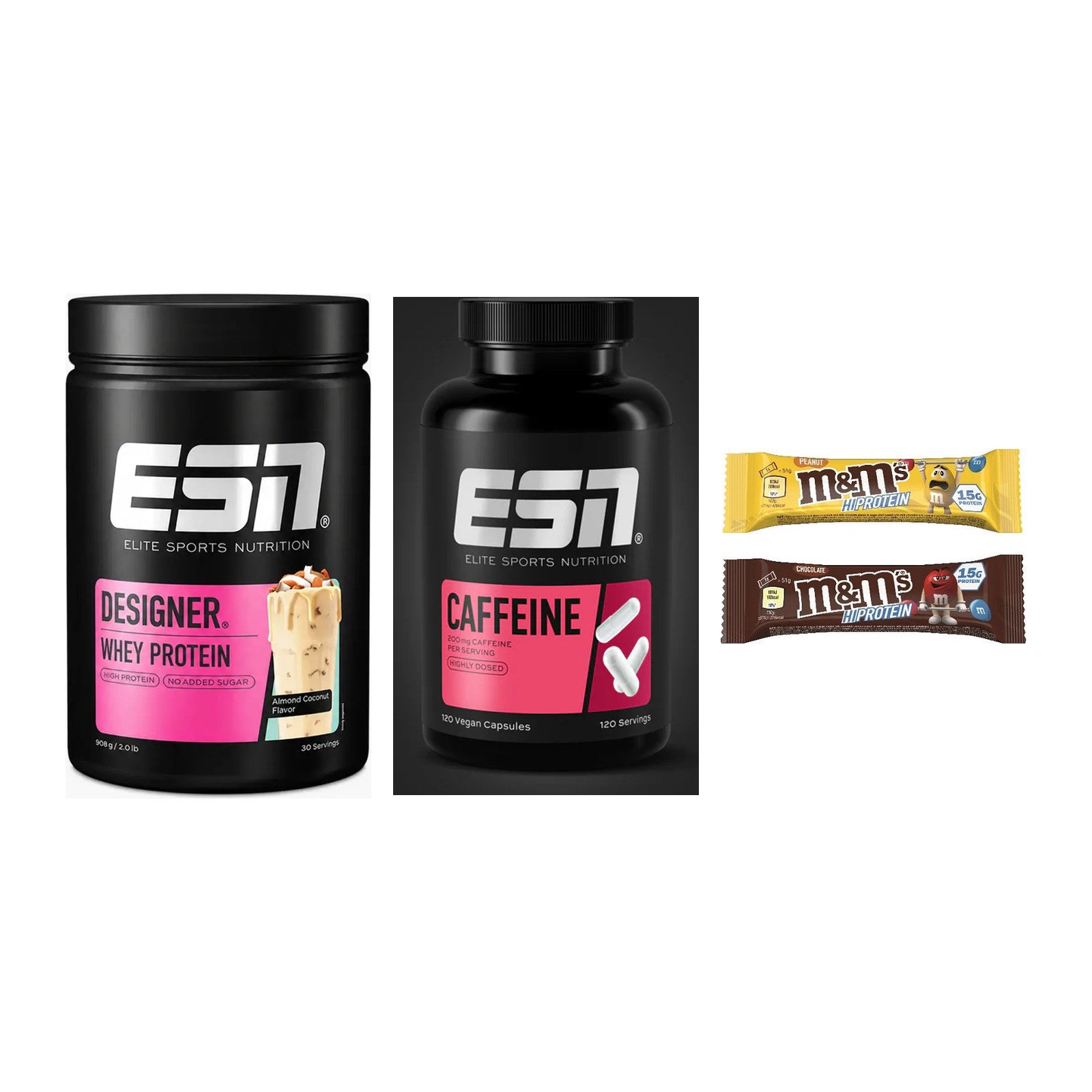 Home-Gym-Starter: ESN Designer + ESN Caffeine + 5× M&M Protein Bar – alle enthaltenen Artikel