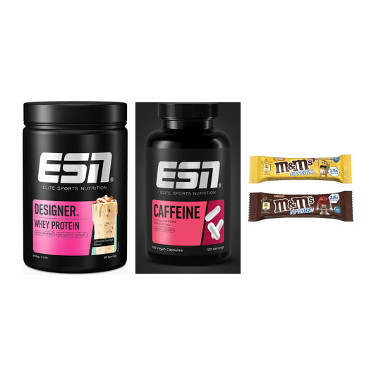 Home-Gym-Starter: ESN Designer + ESN Caffeine + 5× M&M Protein Bar – alle enthaltenen Artikel