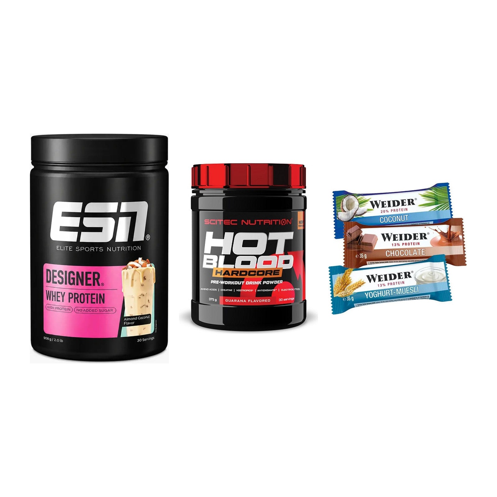 Home-Gym-Starter: ESN Designer + Scitec Hot + 5× Weider BAR – alle enthaltenen Artikel