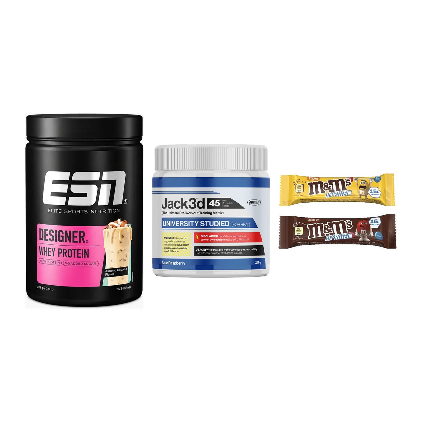 Home-Gym-Starter: ESN Designer + USP Labs Jack3d + 5× M&M Protein Bar – alle enthaltenen Artikel