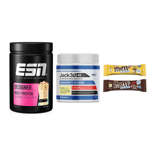 Home-Gym-Starter: ESN Designer + USP Labs Jack3d + 5× M&M Protein Bar – alle enthaltenen Artikel