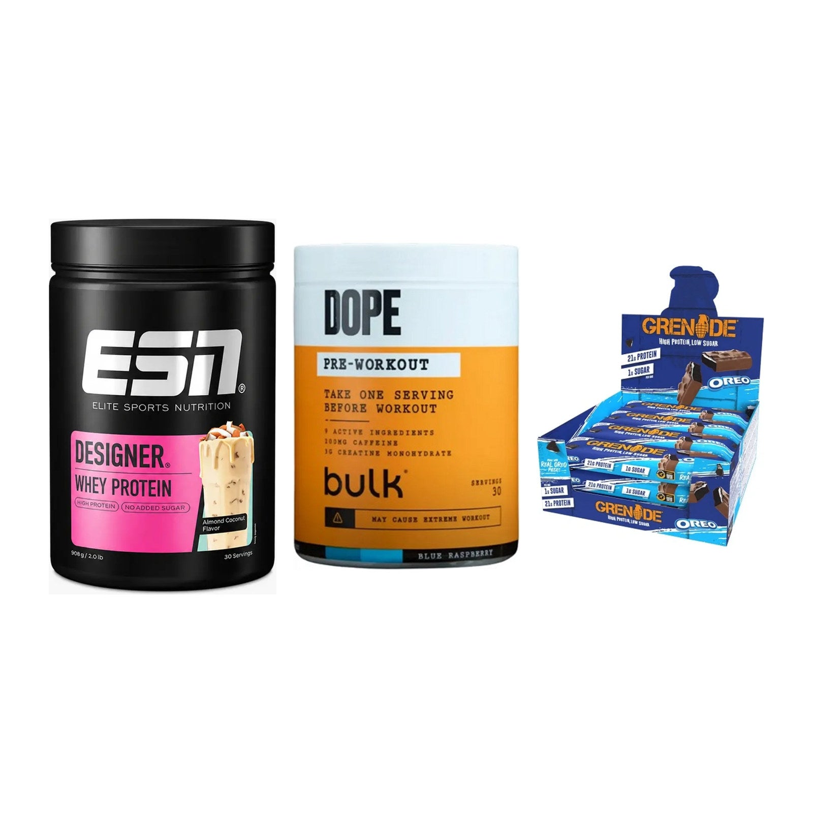 Home-Gym-Starter: ESN Designer + Bulk Dope + 5× Grenade Protein – alle enthaltenen Artikel
