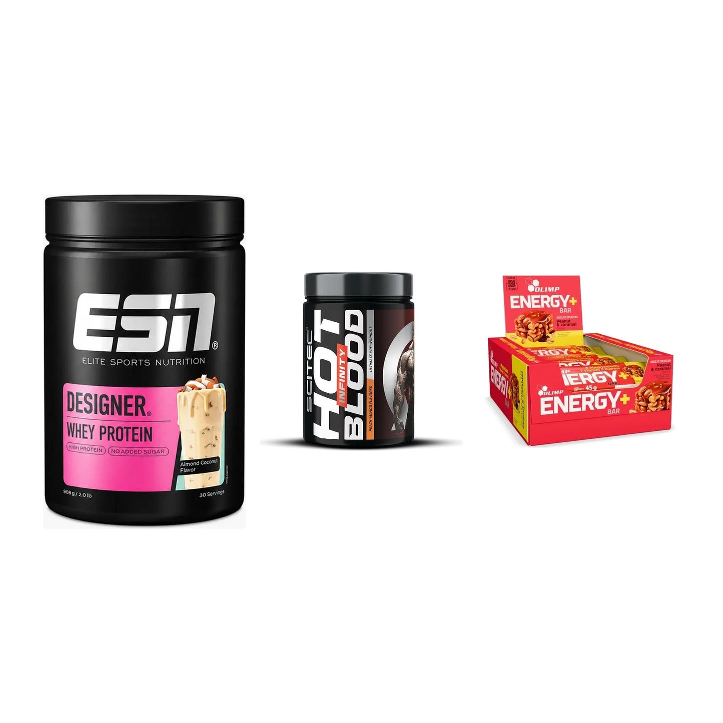 Home-Gym-Starter: ESN Designer + Scitec Hot + 5× Olimp Energy – alle enthaltenen Artikel