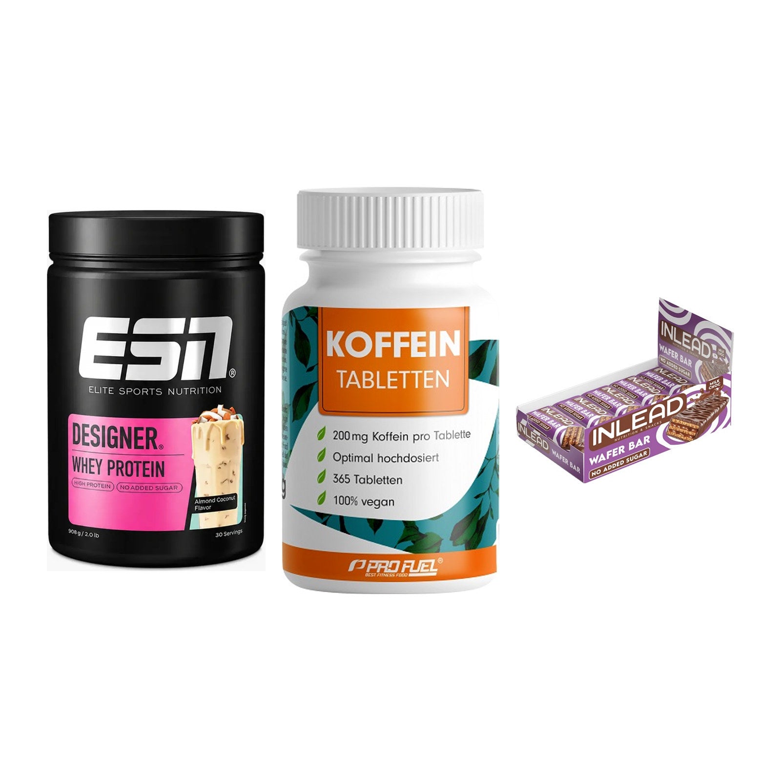 Home-Gym-Starter: ESN Designer + ProFuel Koffein + 5× INLEAD Wafer – alle enthaltenen Artikel