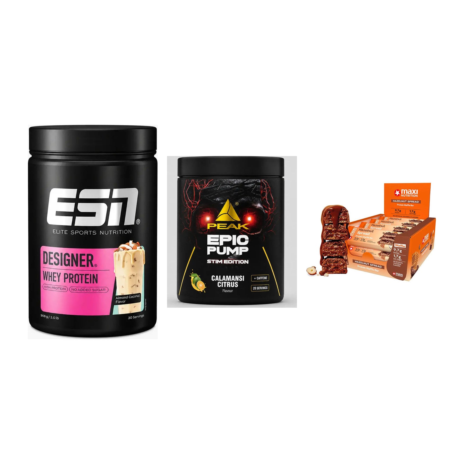 Home-Gym-Starter: ESN Designer + Peak Epic Pump + 5× MaxiNutrition – alle enthaltenen Artikel