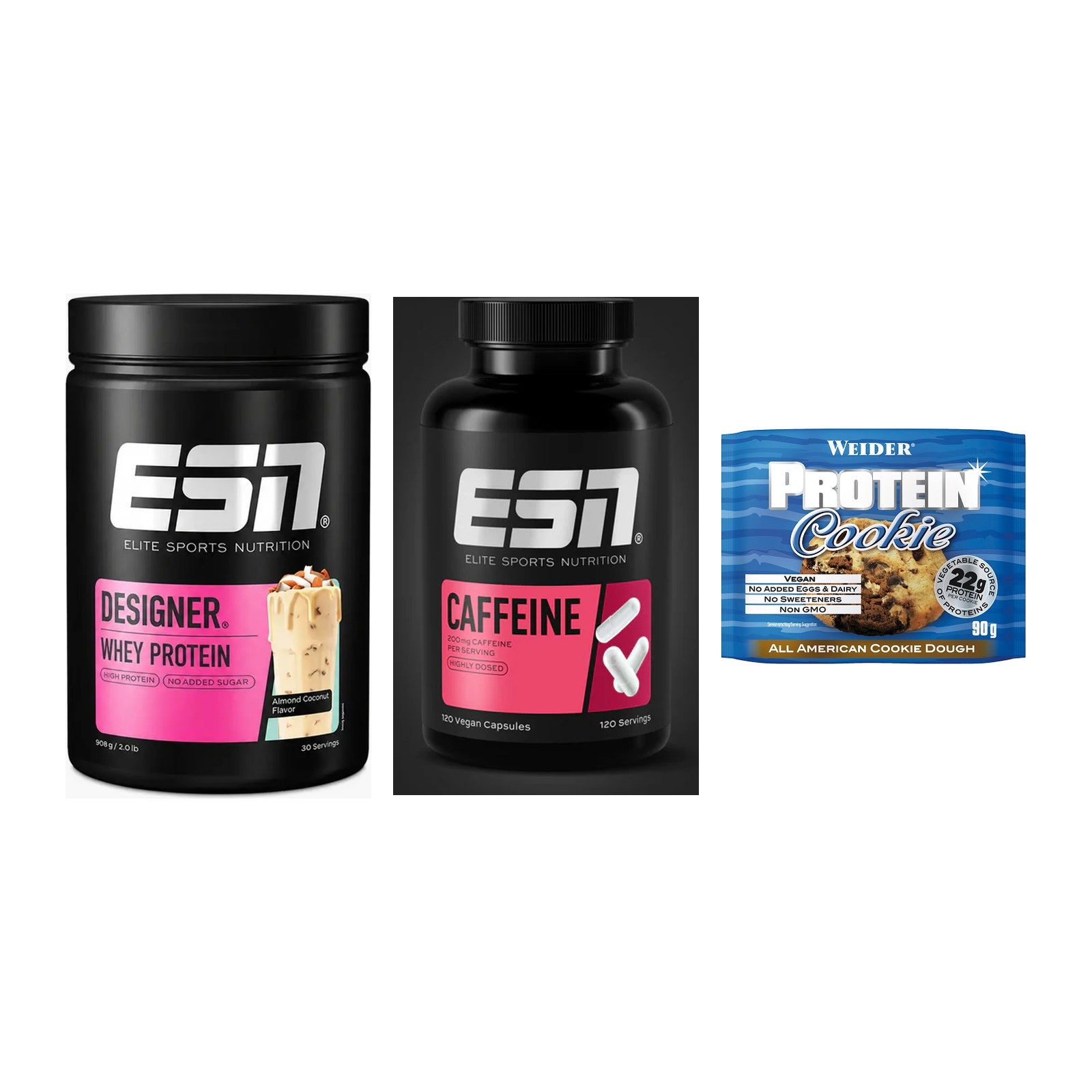 Home-Gym-Starter: ESN Designer + ESN Caffeine + 5× Weider Protein – alle enthaltenen Artikel