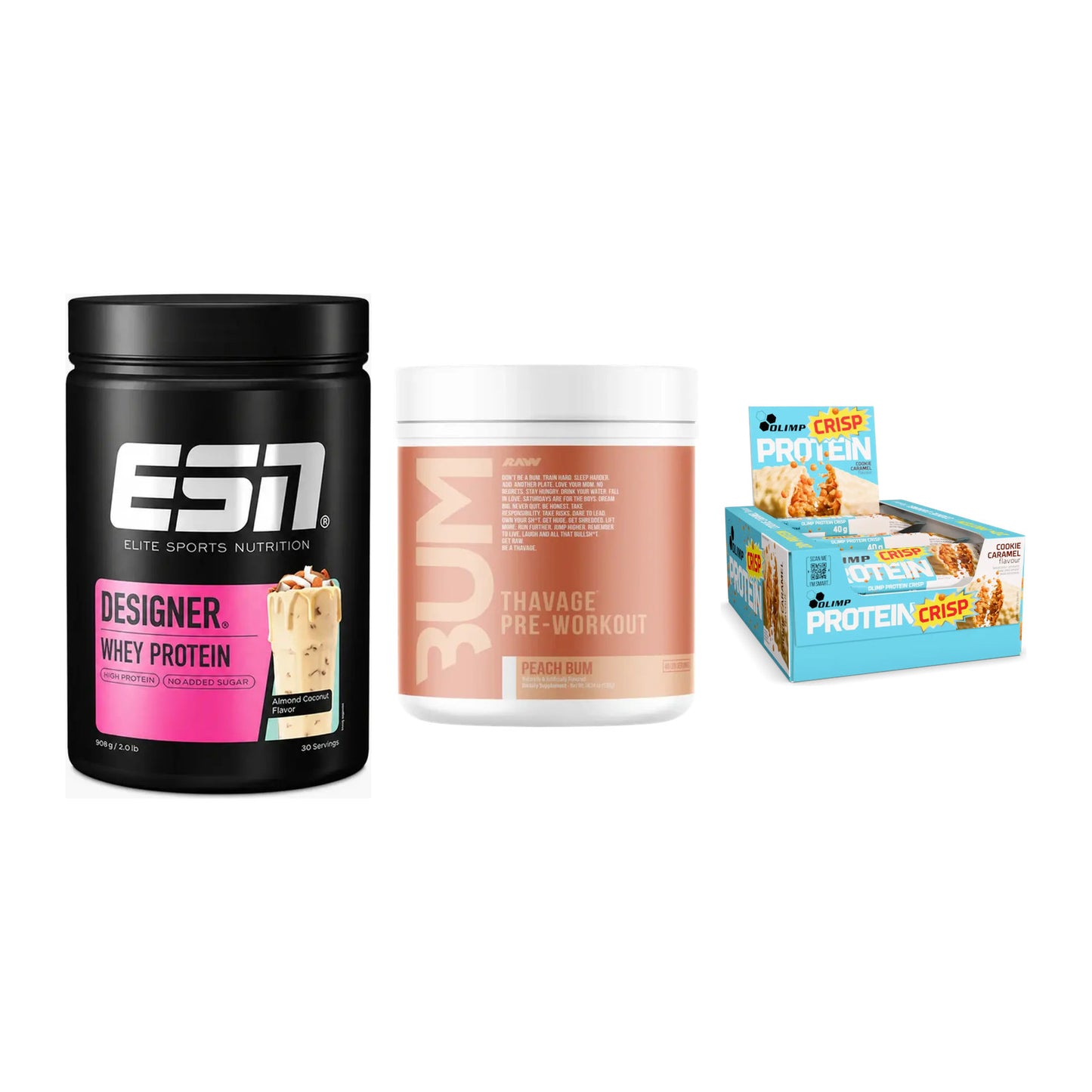 Home-Gym-Starter: ESN Designer + RAW Nutrition + 5× Olimp Protein – alle enthaltenen Artikel