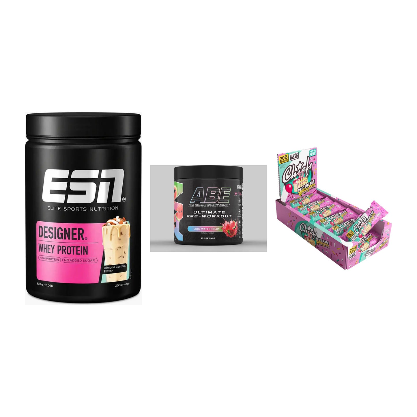 Home-Gym-Starter: ESN Designer + Applied Nutriti + 5× Chiefs Protein – alle enthaltenen Artikel