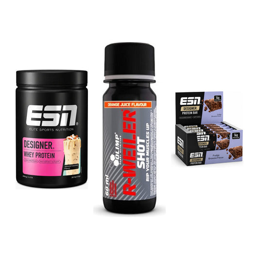 Home-Gym-Starter: ESN Designer Whey + Olimp R-Weiler Shot + 1 weitere – alle enthaltenen Artikel