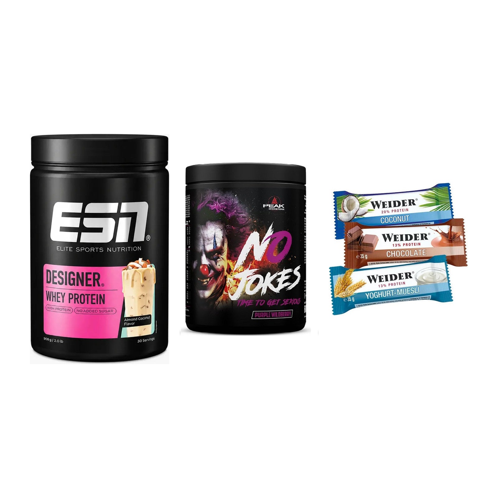 Home-Gym-Starter: ESN Designer Whey + Peak No Jokes + 5× Weider BAR – alle enthaltenen Artikel