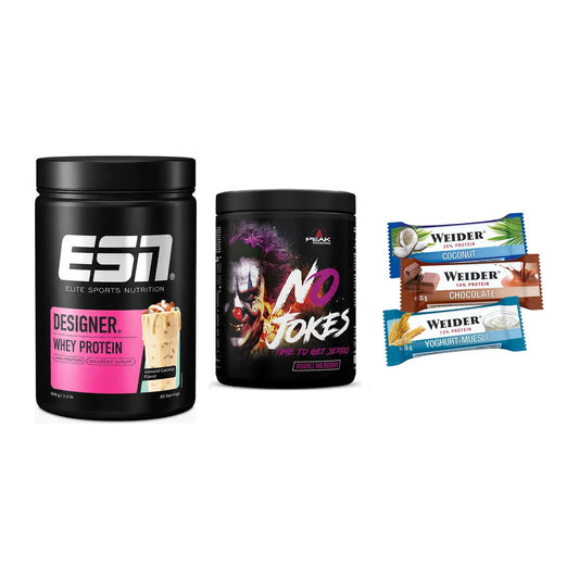 Home-Gym-Starter: ESN Designer Whey + Peak No Jokes + 5× Weider BAR – alle enthaltenen Artikel