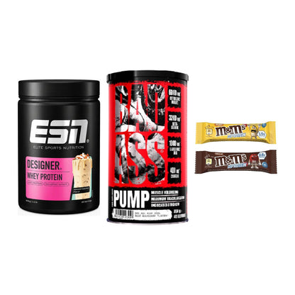 Home-Gym-Starter: ESN Designer + BAD ASS Pump + 5× M&M Protein Bar – alle enthaltenen Artikel