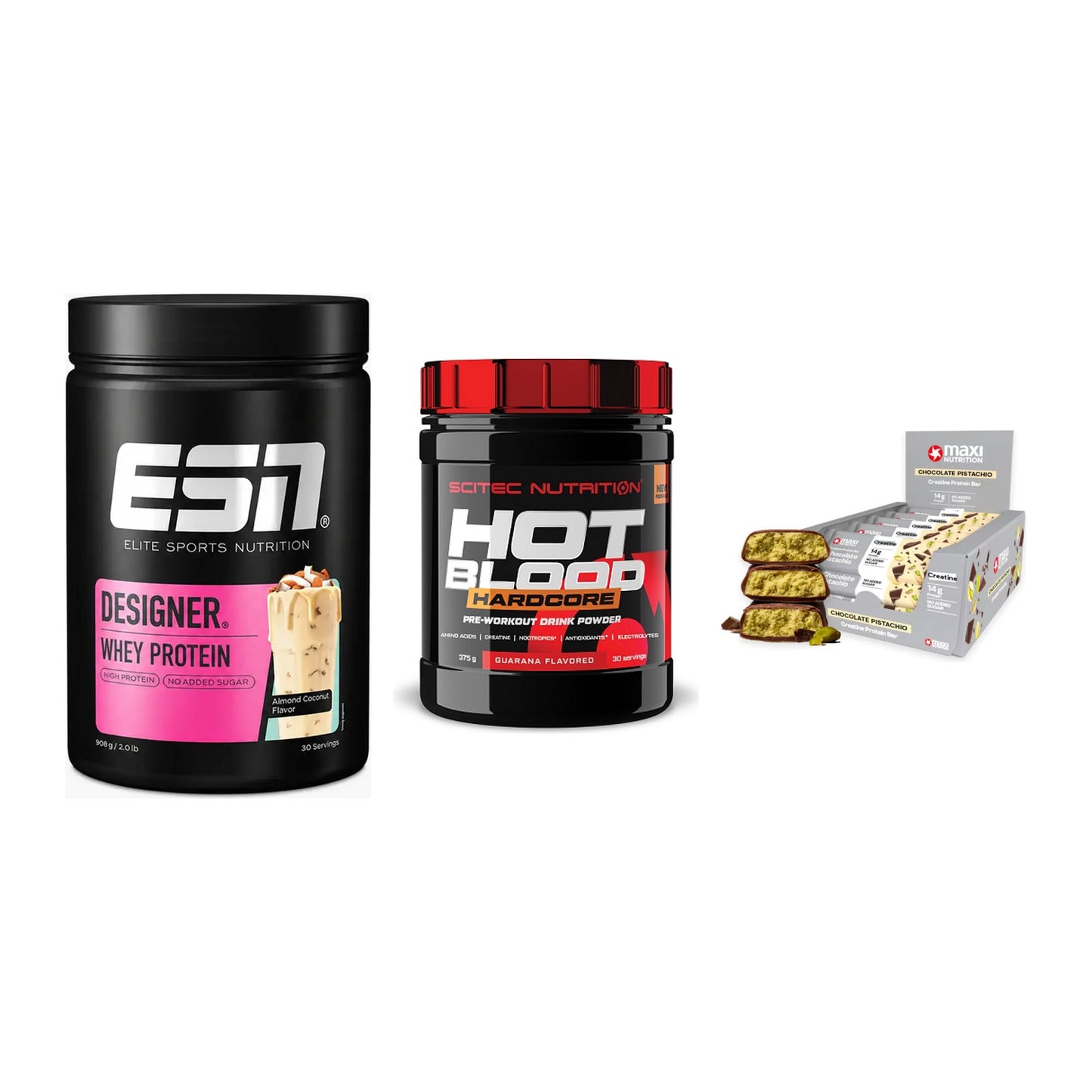Home-Gym-Starter: ESN Designer + Scitec Hot + 5× MaxiNutrition – alle enthaltenen Artikel