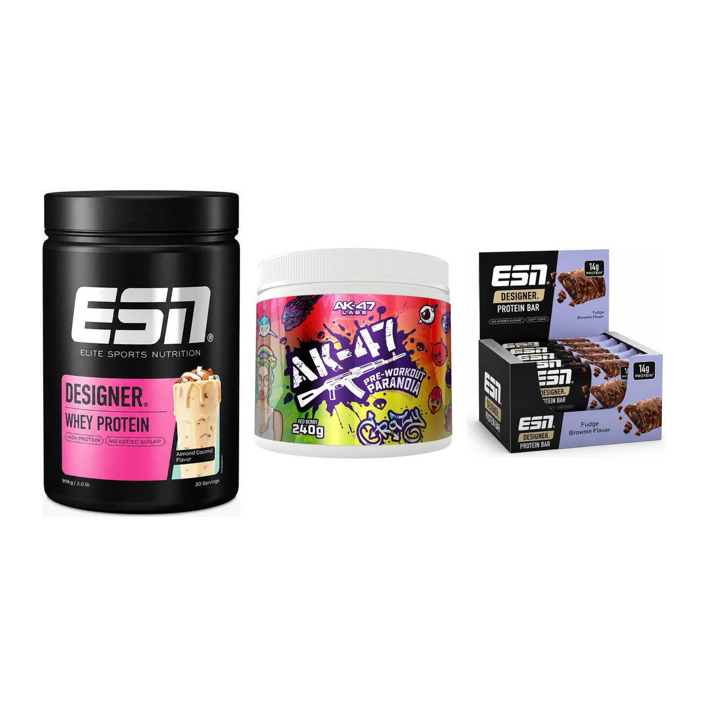 Home-Gym-Starter: ESN Designer Whey + AK47 Labs Pre-Work + 1 weitere – alle enthaltenen Artikel