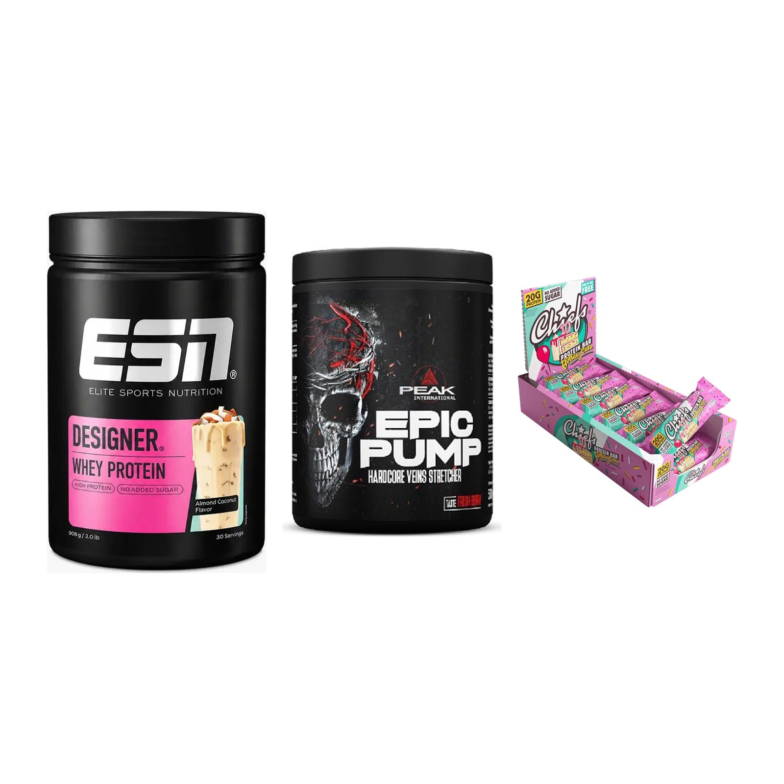 Home-Gym-Starter: ESN Designer + Peak EPIC Pump + 5× Chiefs Protein – alle enthaltenen Artikel
