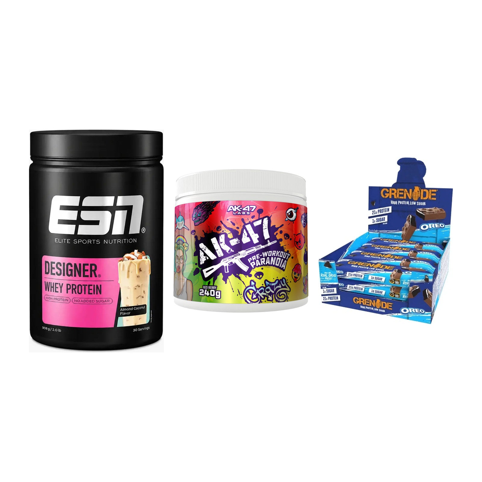 Home-Gym-Starter: ESN Designer + AK47 Labs + 5× Grenade Protein – alle enthaltenen Artikel