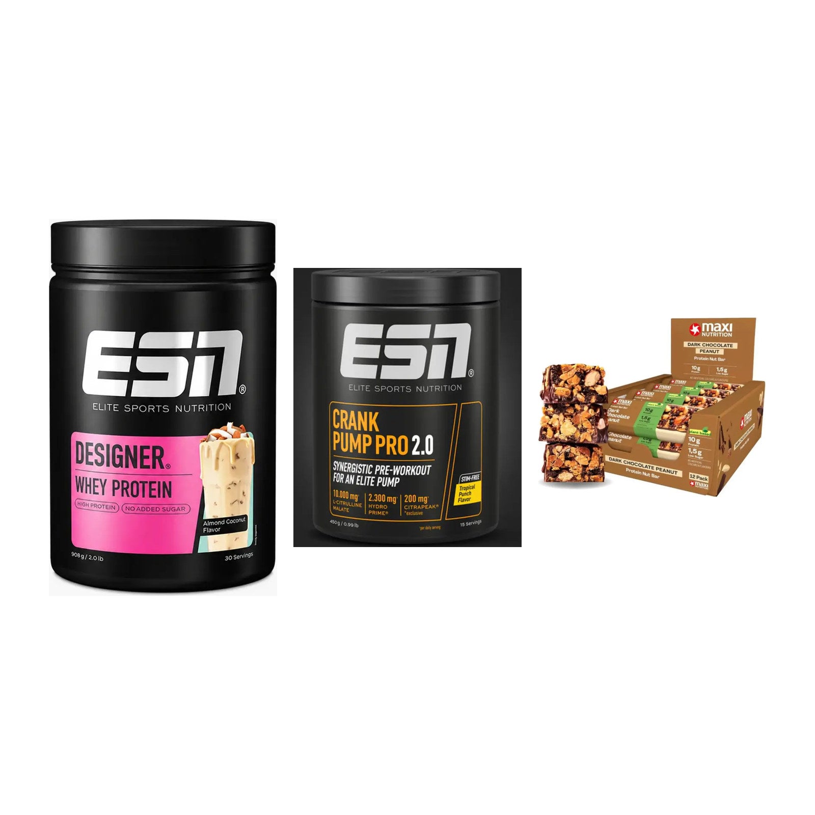 Home-Gym-Starter: ESN Designer + ESN Crank Pump + 5× MaxiNutrition – alle enthaltenen Artikel