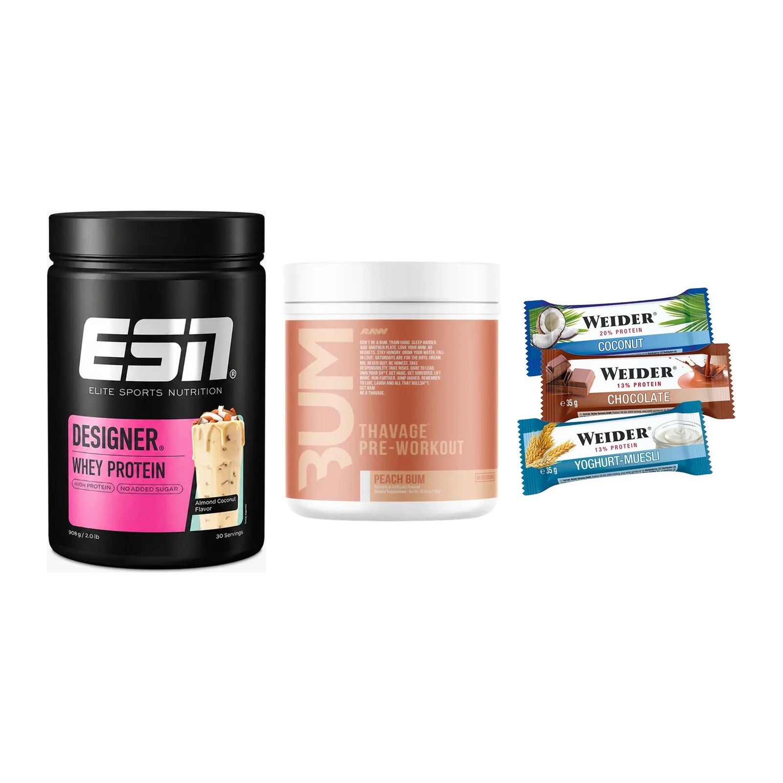 Home-Gym-Starter: ESN Designer + RAW Nutrition + 5× Weider BAR – alle enthaltenen Artikel