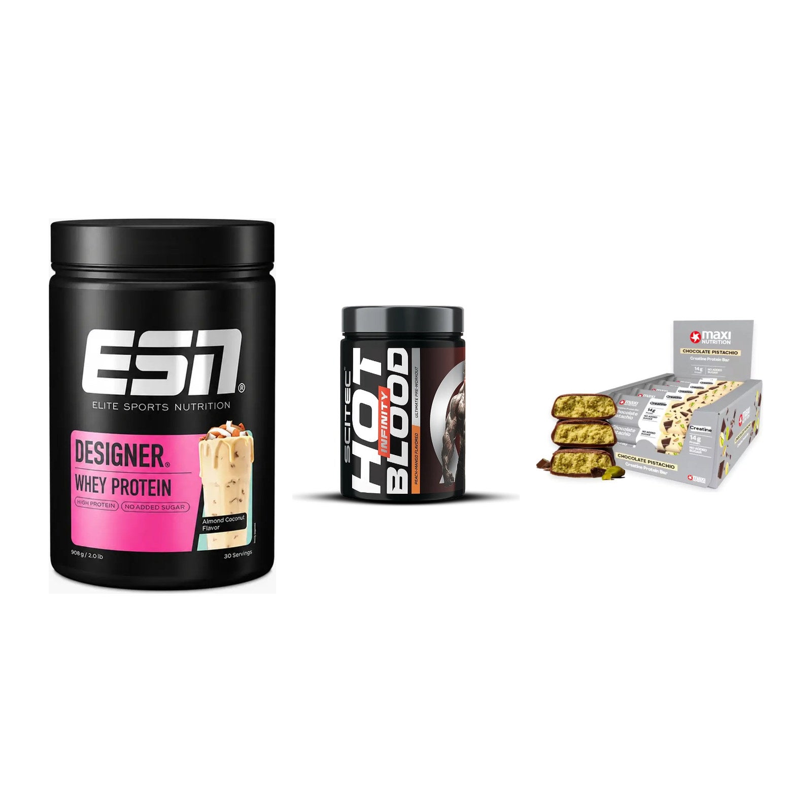 Home-Gym-Starter: ESN Designer + Scitec Hot + 5× MaxiNutrition – alle enthaltenen Artikel