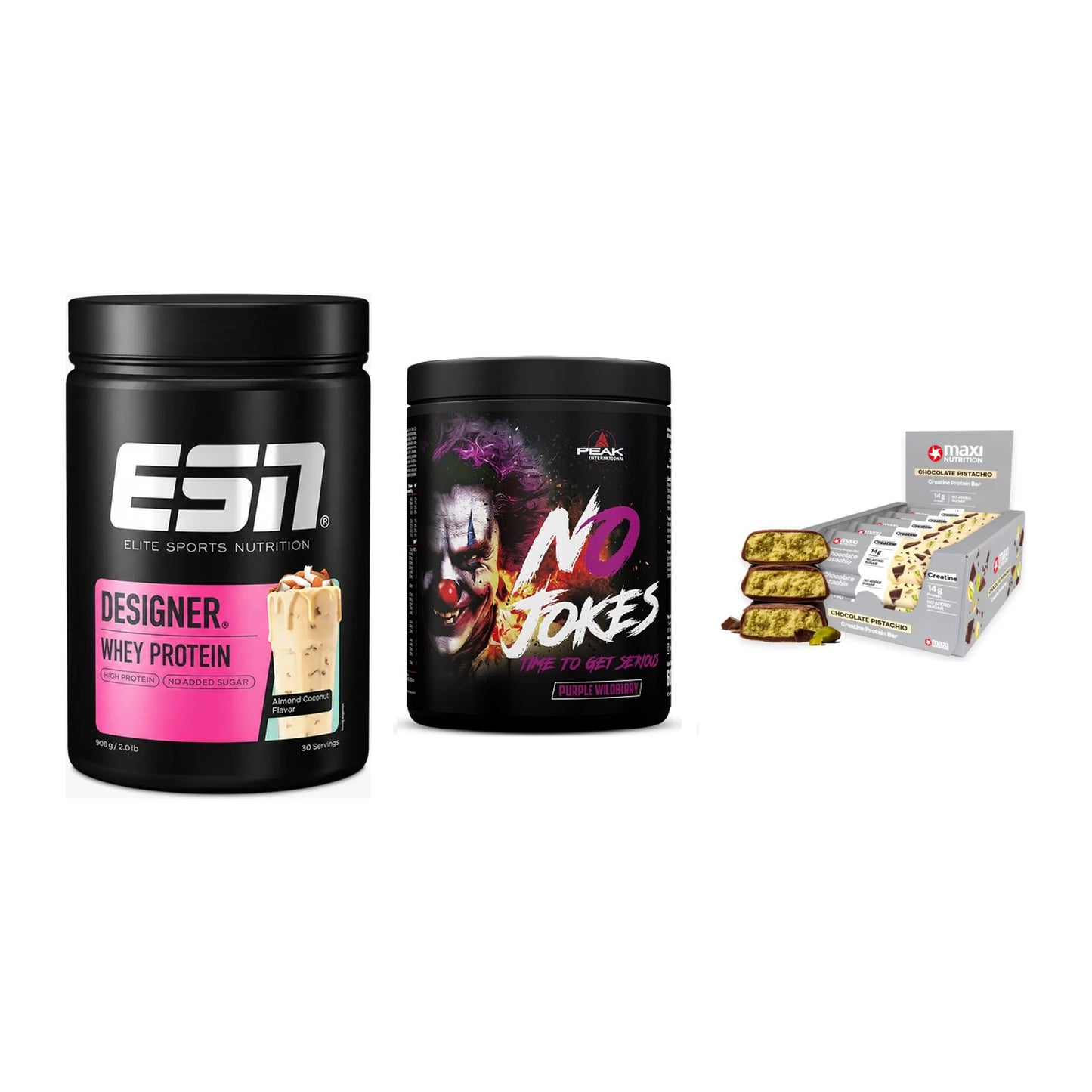 Home-Gym-Starter: ESN Designer + Peak No Jokes + 5× MaxiNutrition – alle enthaltenen Artikel