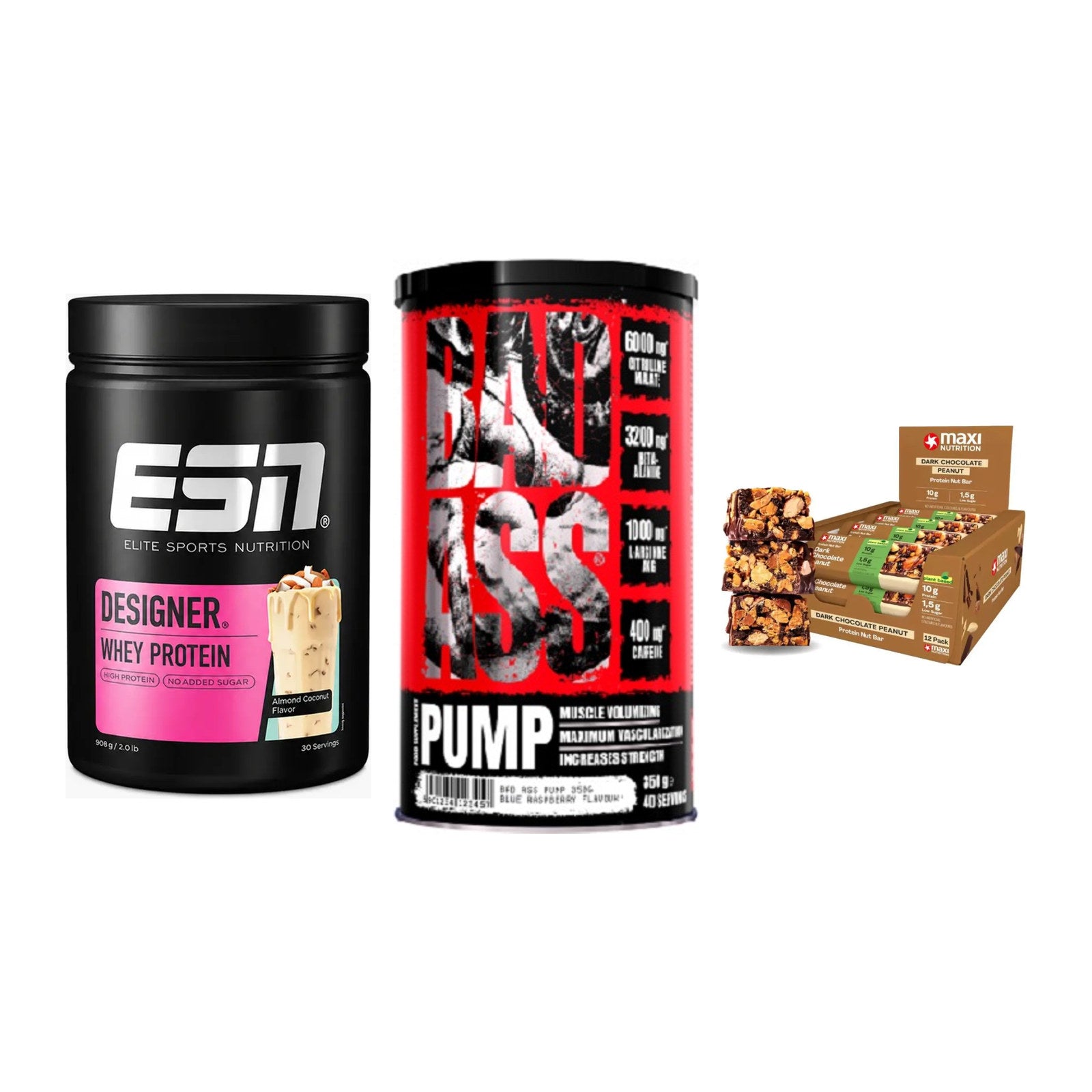 Home-Gym-Starter: ESN Designer + BAD ASS Pump + 5× MaxiNutrition – alle enthaltenen Artikel