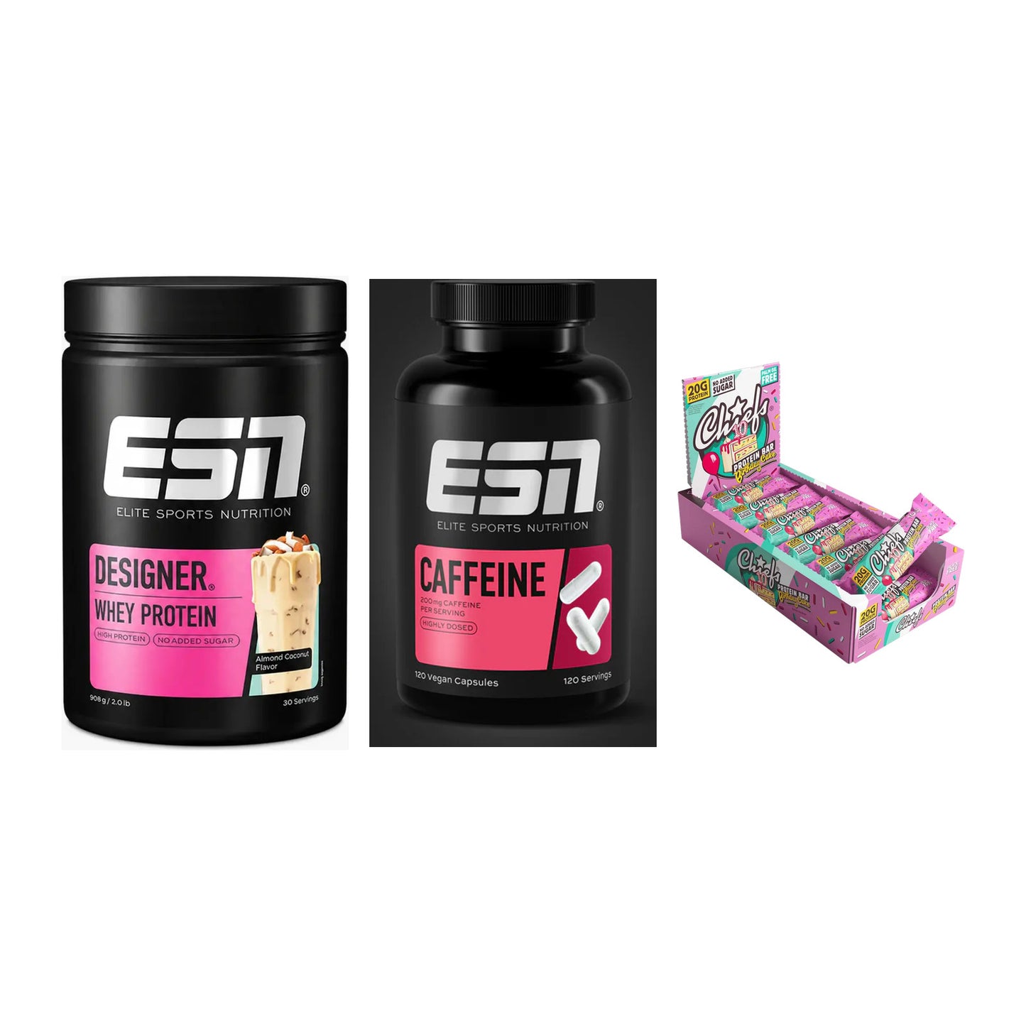 Home-Gym-Starter: ESN Designer + ESN Caffeine + 5× Chiefs Protein – alle enthaltenen Artikel