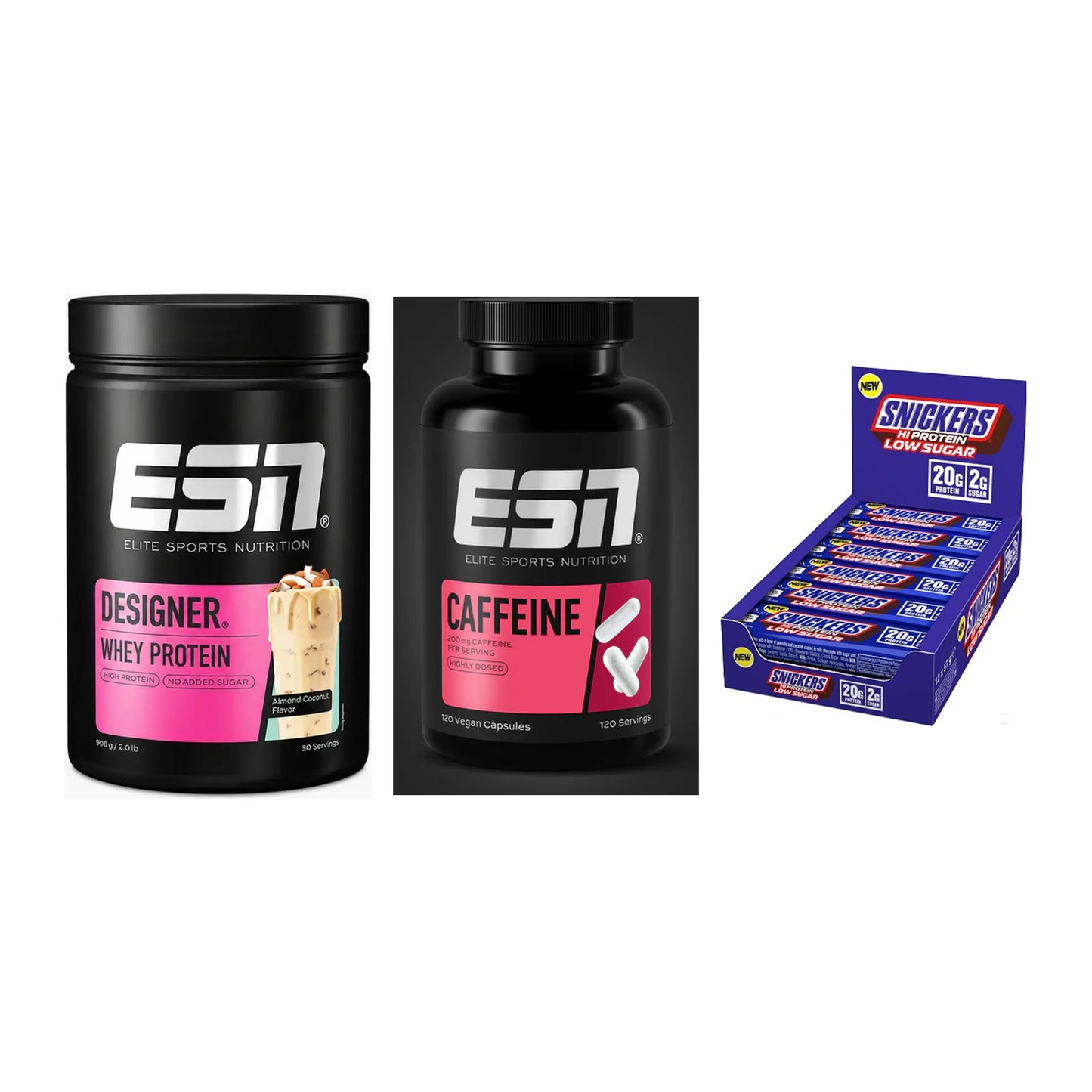 Home-Gym-Starter: ESN Designer + ESN Caffeine + 5× Snickers LOW – alle enthaltenen Artikel