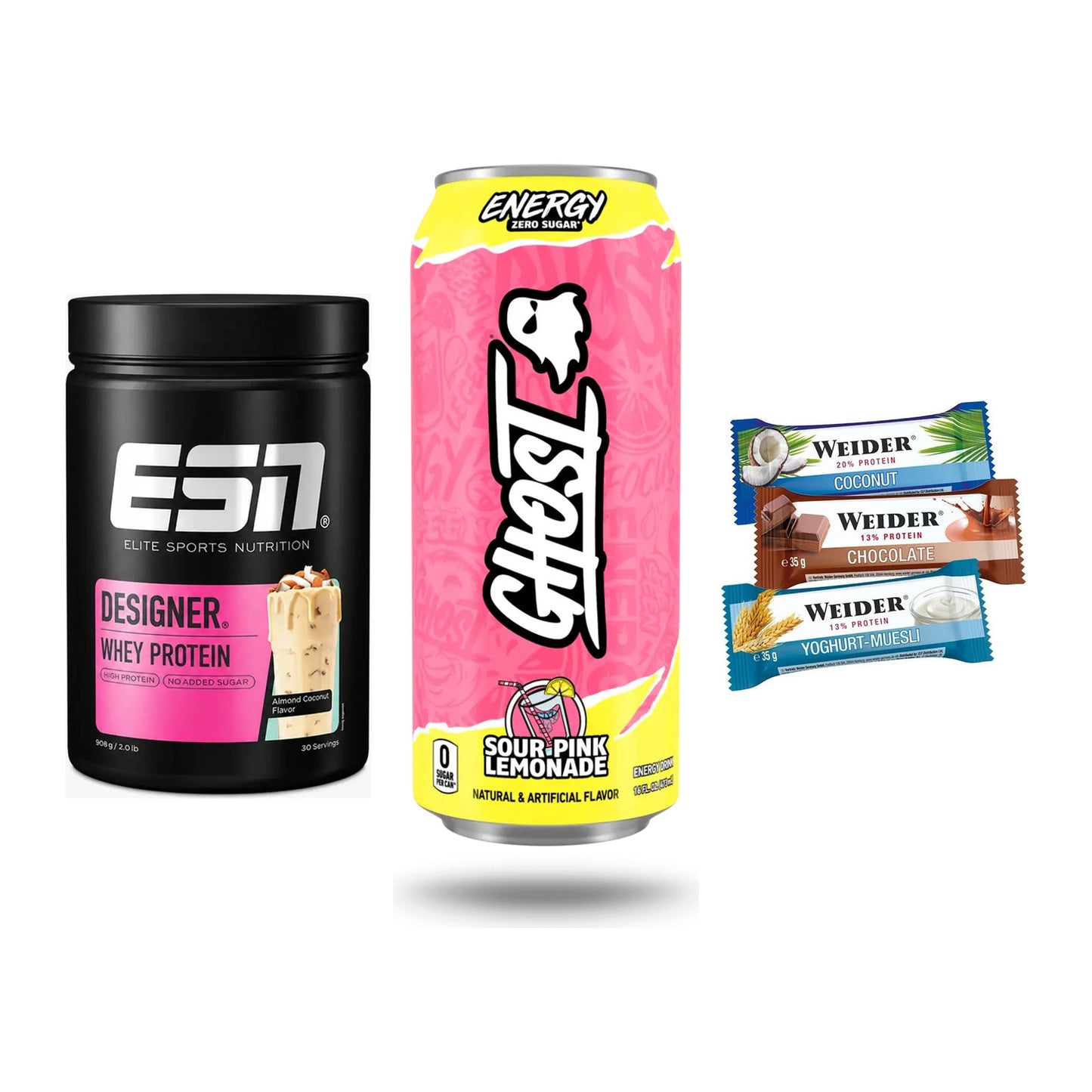 Home-Gym-Starter: ESN Designer Whey + Ghost Energy + 5× Weider BAR – alle enthaltenen Artikel