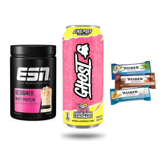 Home-Gym-Starter: ESN Designer Whey + Ghost Energy + 5× Weider BAR – alle enthaltenen Artikel