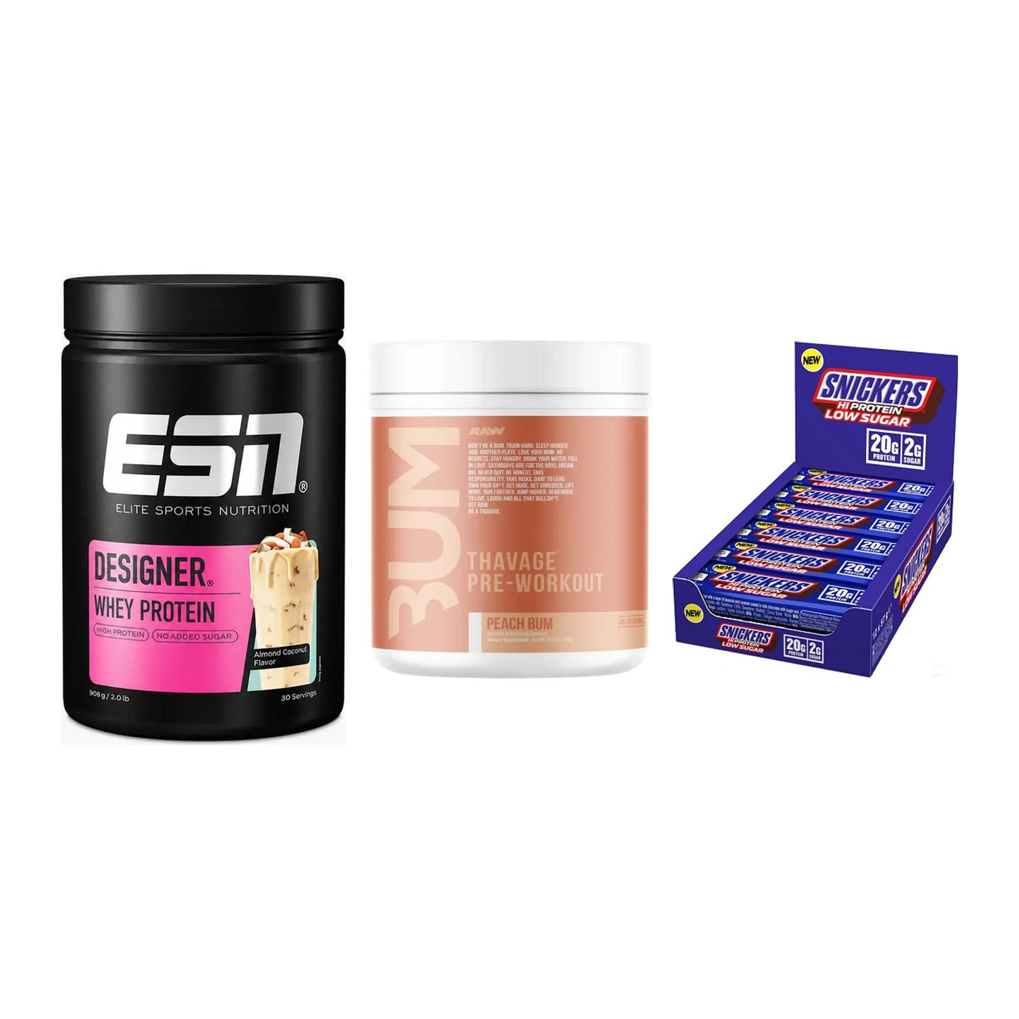 Home-Gym-Starter: ESN Designer + RAW Nutrition + 5× Snickers LOW – alle enthaltenen Artikel