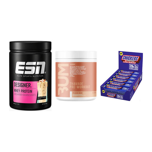 Home-Gym-Starter: ESN Designer + RAW Nutrition + 5× Snickers LOW – alle enthaltenen Artikel