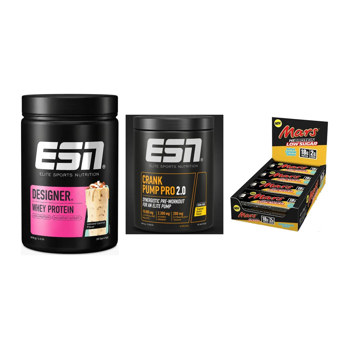 Home-Gym-Starter: ESN Designer + ESN Crank Pump + 5× Mars Low Sugar – alle enthaltenen Artikel