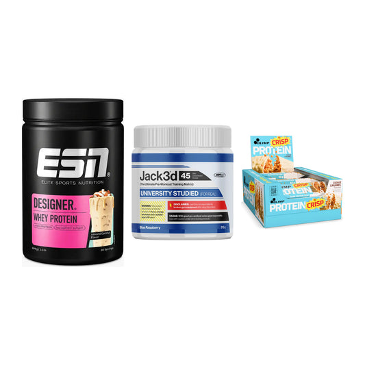 Home-Gym-Starter: ESN Designer + USP Labs Jack3d + 5× Olimp Protein – alle enthaltenen Artikel