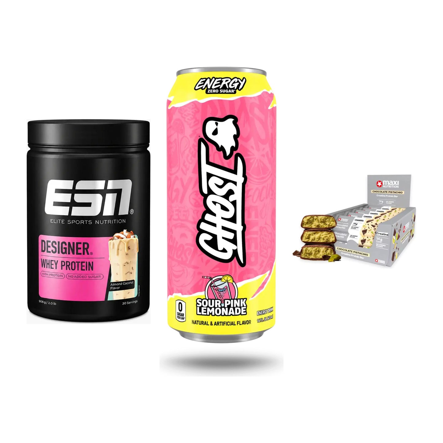 Home-Gym-Starter: ESN Designer + Ghost Energy + 5× MaxiNutrition – alle enthaltenen Artikel