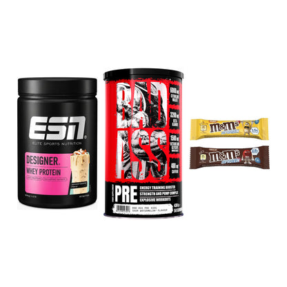 Home-Gym-Starter: ESN Designer Whey + BAD ASS Pre + 5× M&M Protein Bar – alle enthaltenen Artikel