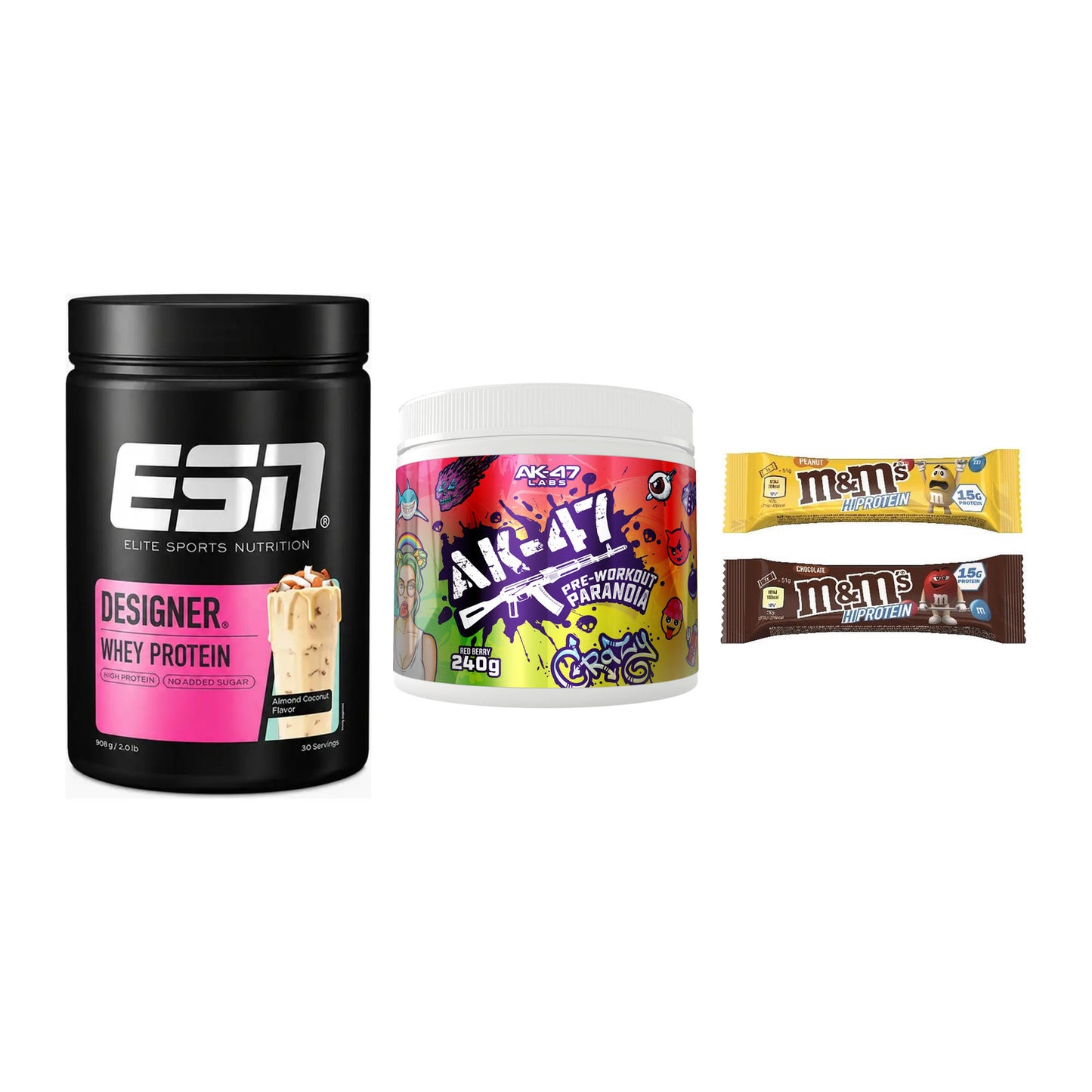 Home-Gym-Starter: ESN Designer + AK47 Labs + 5× M&M Protein Bar – alle enthaltenen Artikel