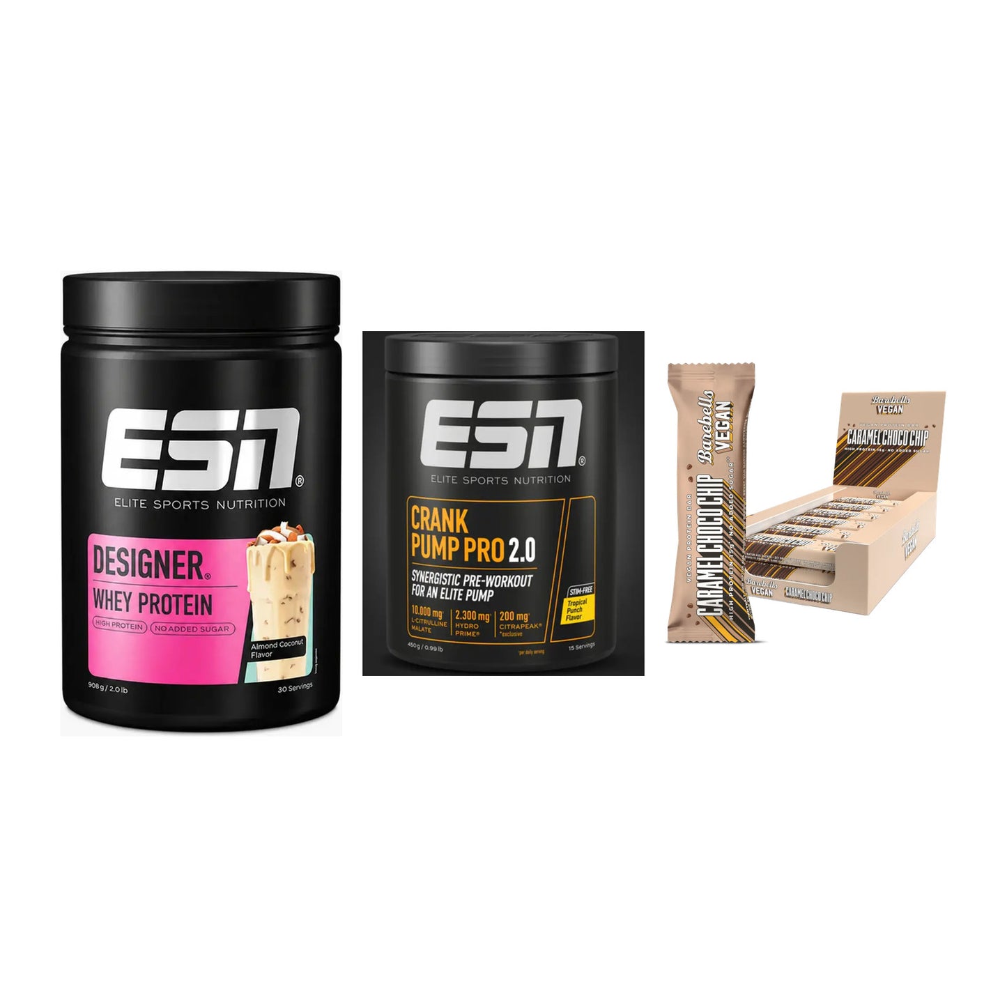 Home-Gym-Starter: ESN Designer + ESN Crank Pump + 5× Barebells Vegan – alle enthaltenen Artikel