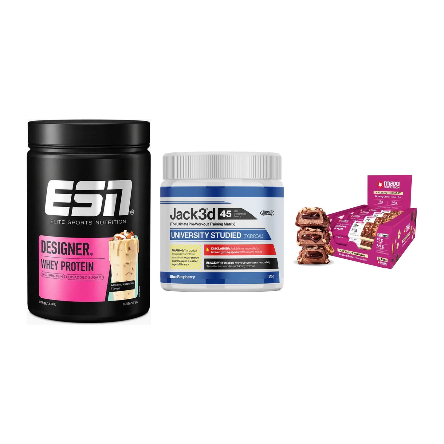 Home-Gym-Starter: ESN Designer + USP Labs Jack3d + 5× MaxiNutrition – alle enthaltenen Artikel
