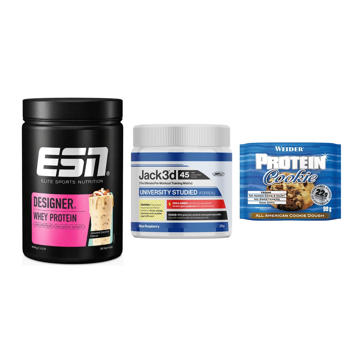 Home-Gym-Starter: ESN Designer + USP Labs Jack3d + 5× Weider Protein – alle enthaltenen Artikel