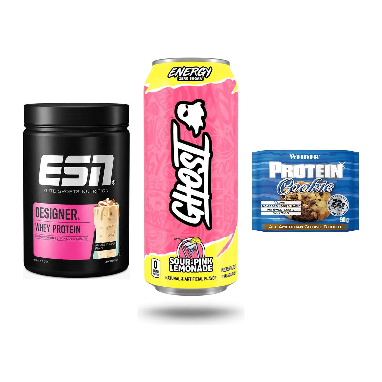 Home-Gym-Starter: ESN Designer + Ghost Energy + 5× Weider Protein – alle enthaltenen Artikel