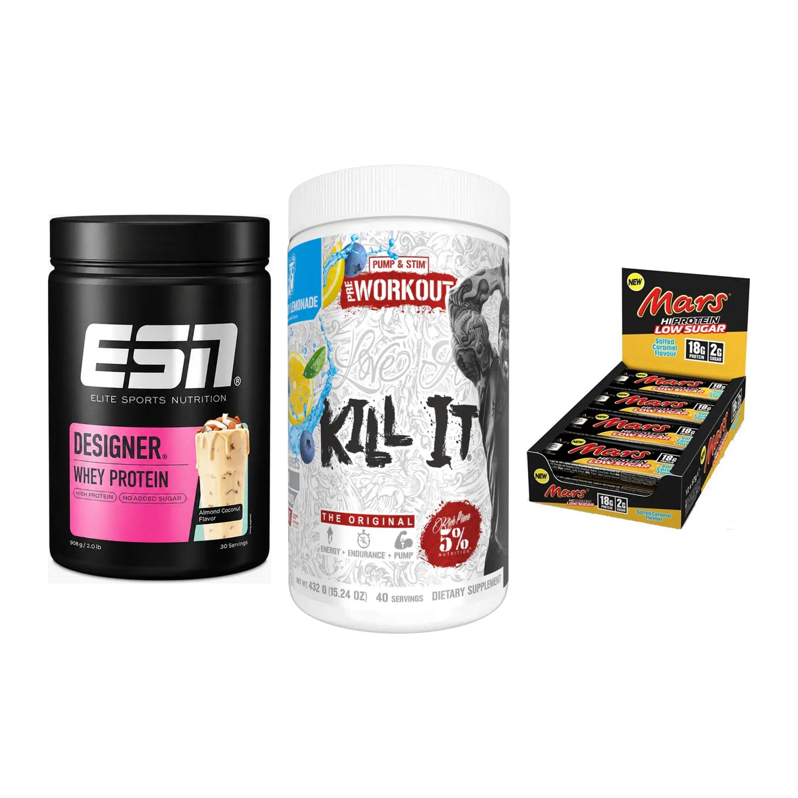 Home-Gym-Starter: ESN Designer + Rich Piana 5% + 5× Mars Low Sugar – alle enthaltenen Artikel