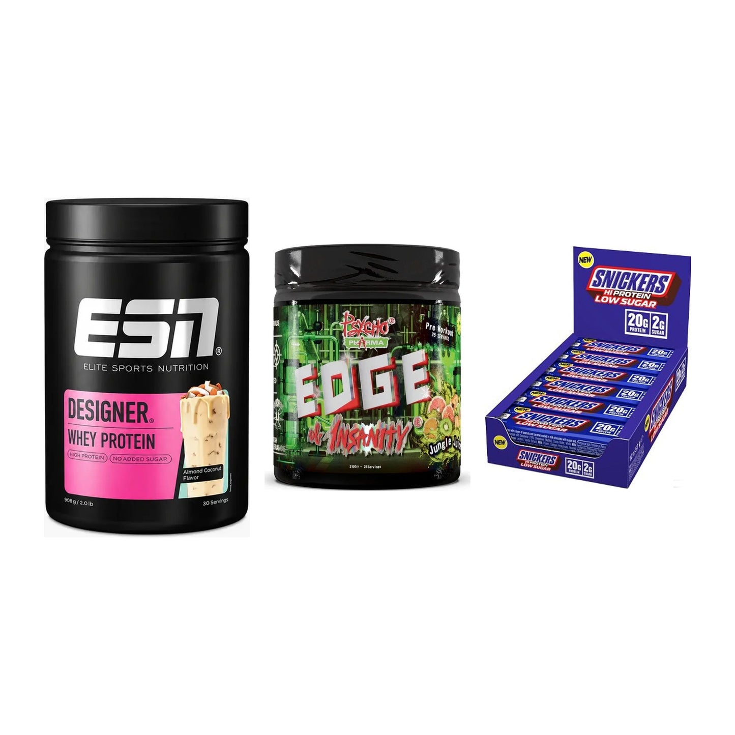 Home-Gym-Starter: ESN Designer + Psycho Pharma + 5× Snickers LOW – alle enthaltenen Artikel