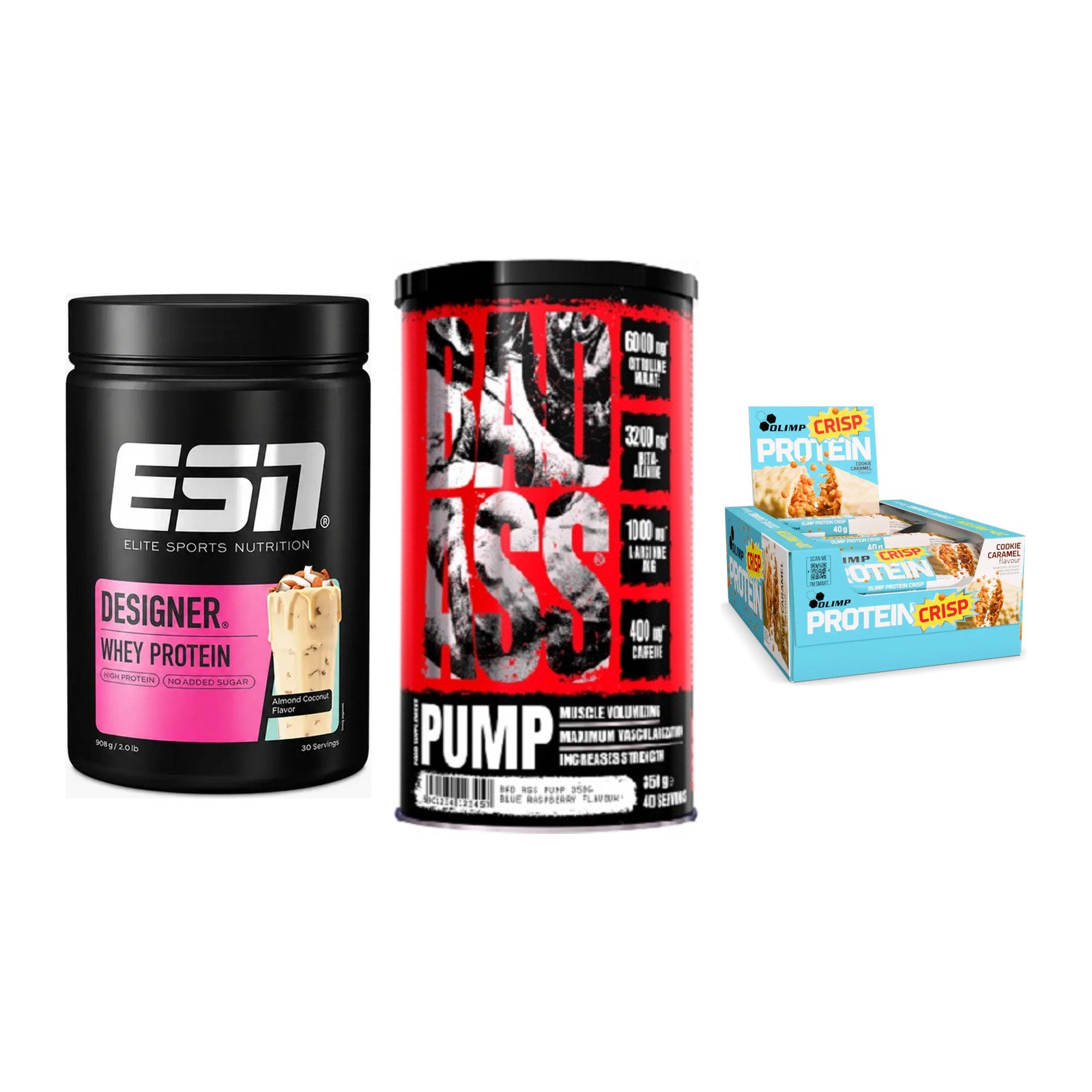 Home-Gym-Starter: ESN Designer + BAD ASS Pump + 5× Olimp Protein – alle enthaltenen Artikel