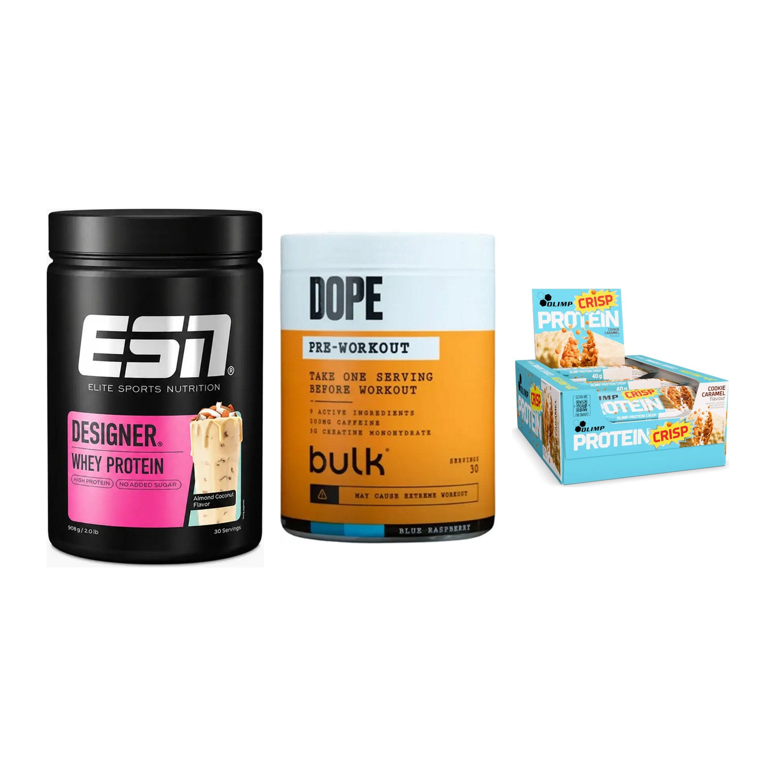 Home-Gym-Starter: ESN Designer + Bulk Dope + 5× Olimp Protein – alle enthaltenen Artikel
