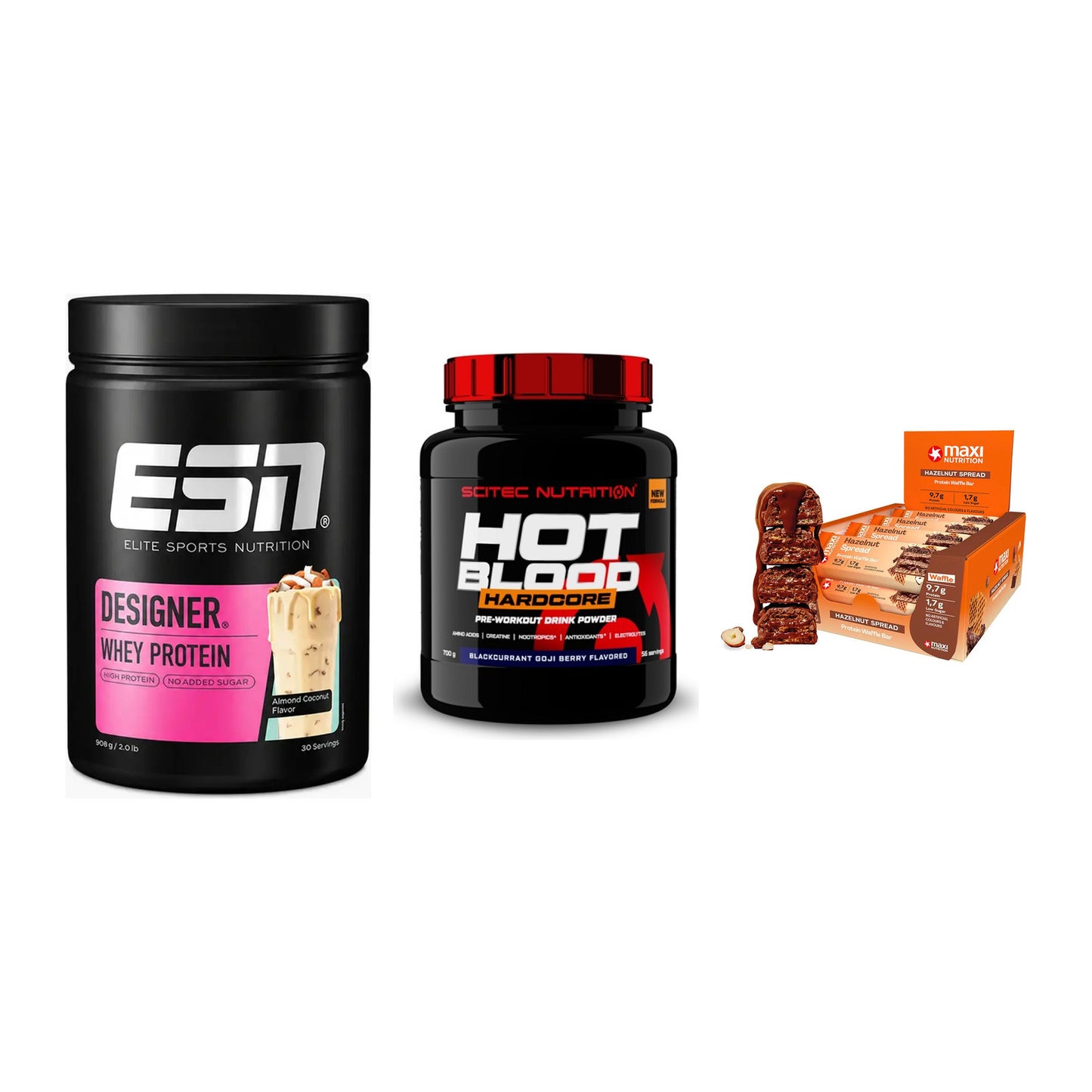 Home-Gym-Starter: ESN Designer + Scitec Hot + 5× MaxiNutrition – alle enthaltenen Artikel
